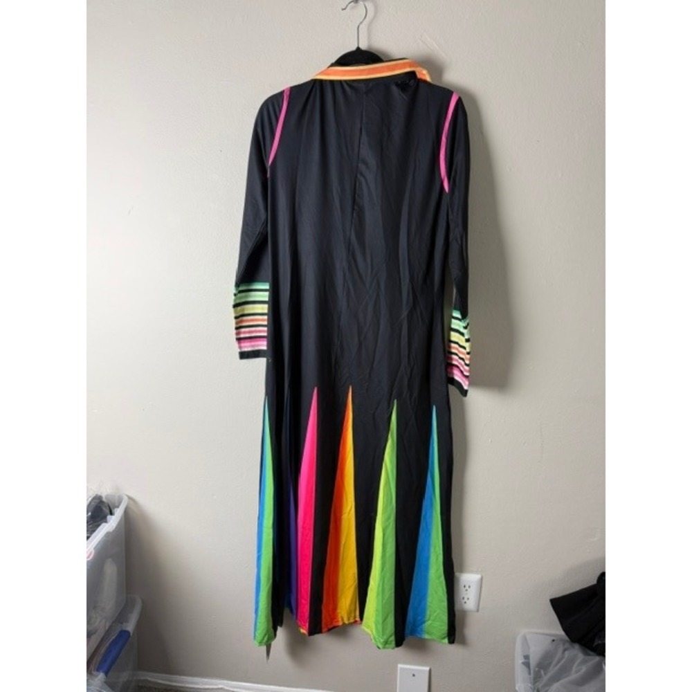UOOZEE Womens Long Sleeve Maxi Dress Black Neon Rainbow Stripe Collared XL - Picture 2 of 4